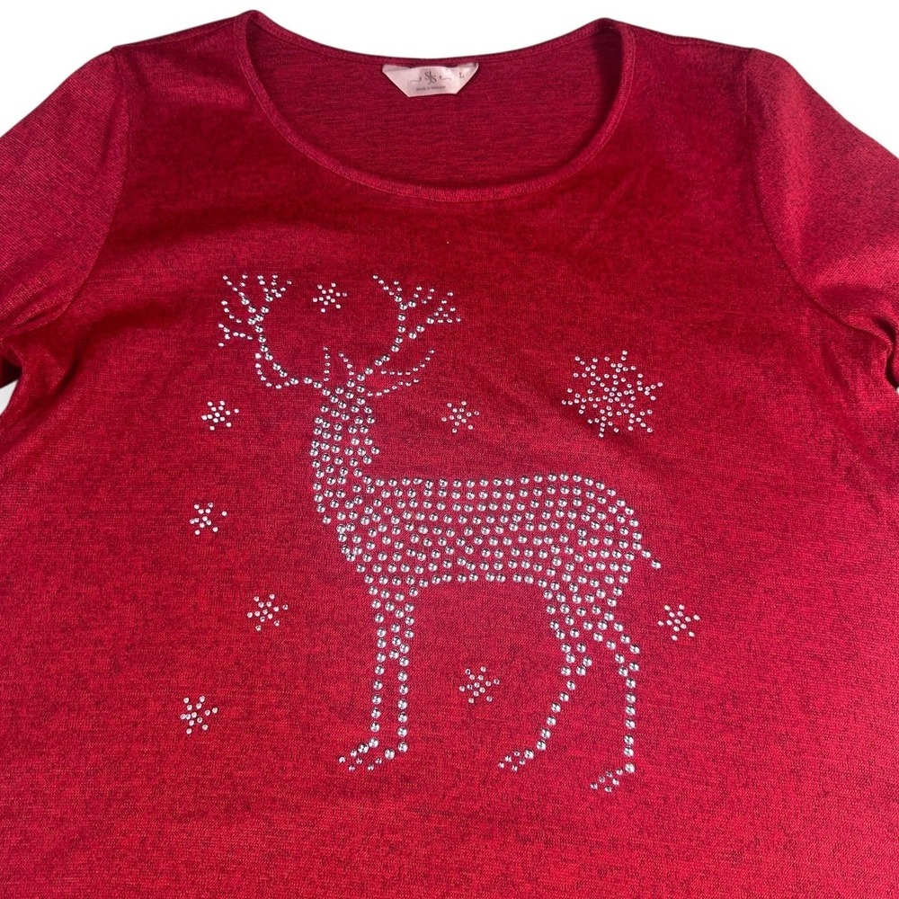 SJS Red Rhinestone Reindeer Snowflake Long Sleeve Tunic Top Women L